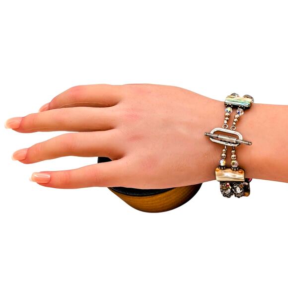 Signed Abalone Shell Chunks AB Crystal Sterling Beaded Toggle Clasp Bracelet - Picture 2 of 15